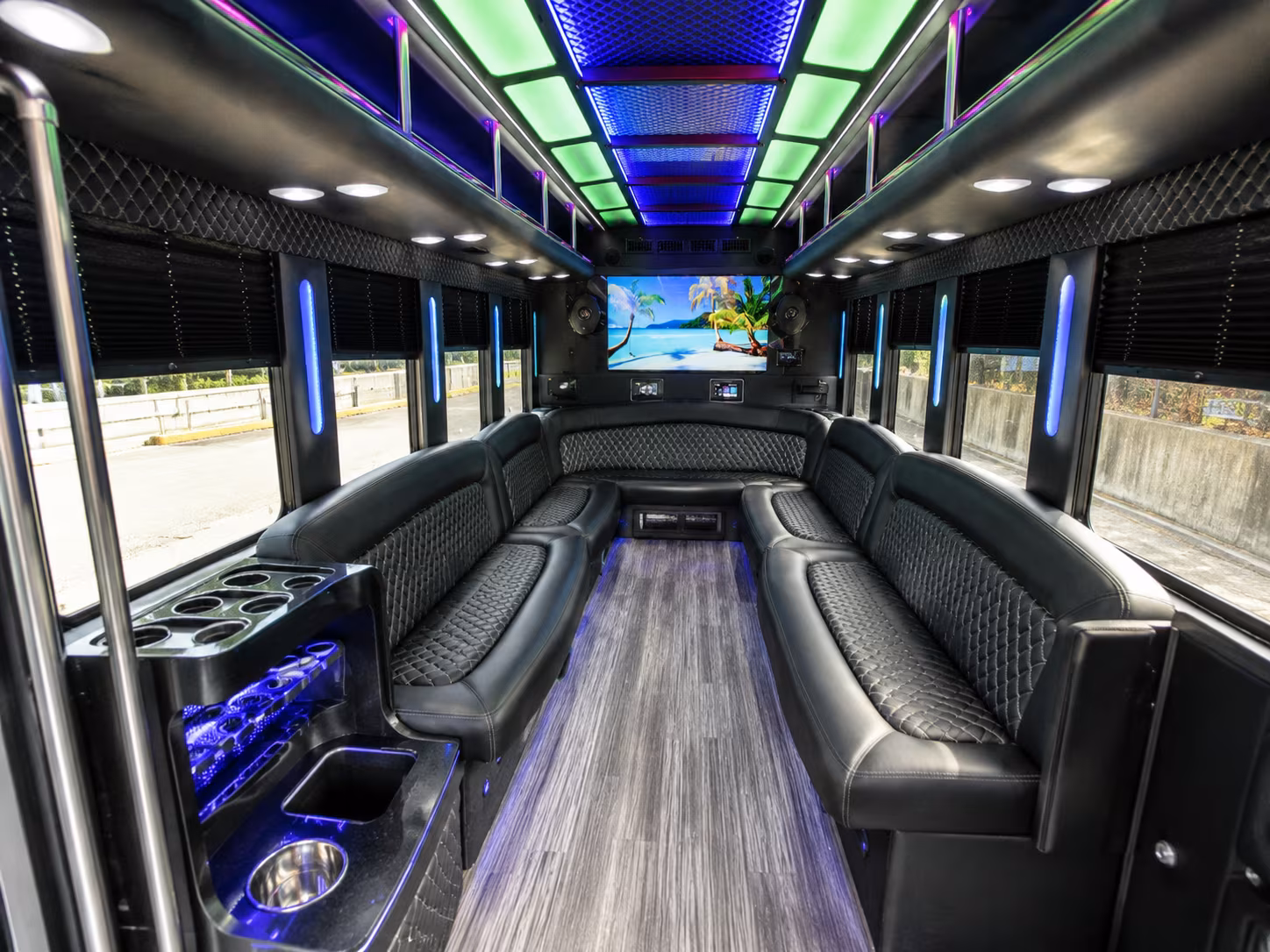 allen 18 passenger party bus inside