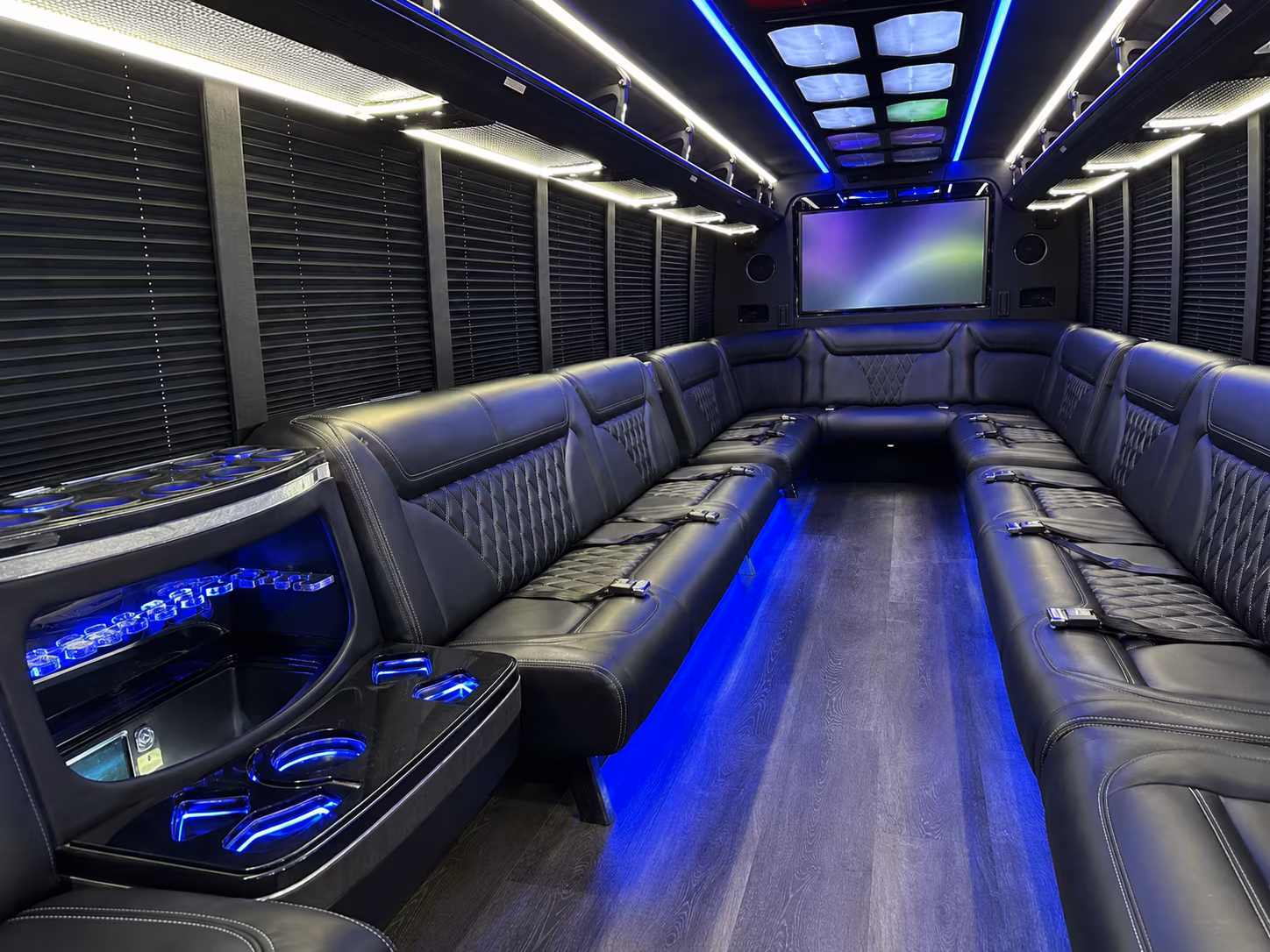 allen 20 passenger party bus inside