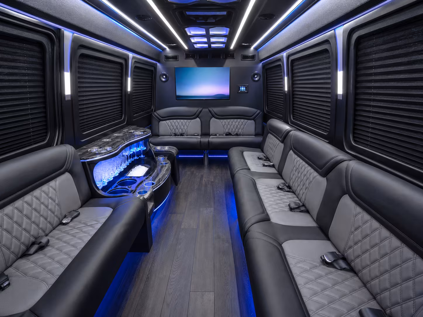 allen 25 passenger party bus inside